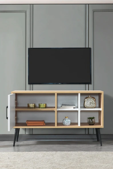 Evmo Home 3111 Şile Metal Ayaklı Metal Kulplu 100 Cm Tv Ünitesi - Beyaz Safir - 4