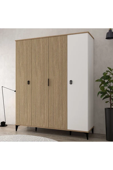 Evmo Home 6404 Neva 4 Kapılı 200 Cm Gizli Çekmeceli Gardırop , Elbise Dolabı , Genç Odası Sepet - Beyaz - 1