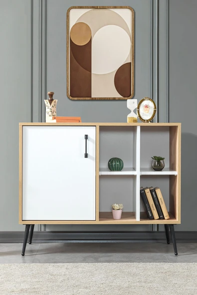 Evmo Home 4111 Şile Metal Ayaklı Metal Kulplu 100 Cm Konsol - Tv Ünitesi - Yemek Odası - Kahve Köşesi Beyaz - 3