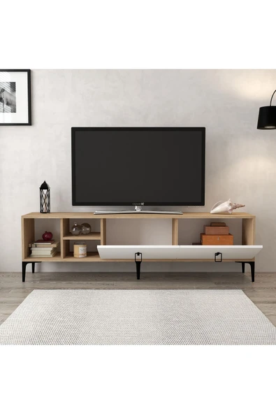 Evmo Home 3804 Era Tv Ünitesi 180 Cm 2 Kapaklı Raflı Sepet - Beyaz - 2