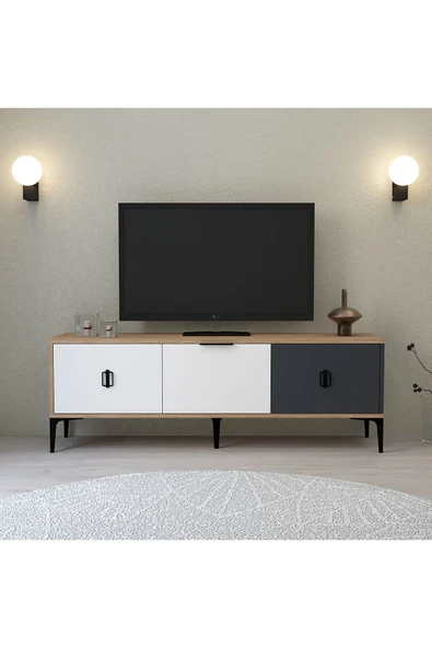 Evmo Home Neva TV Ünitesi 150 CM Kapaklı Sepet - Beyaz - Antrasit - 1