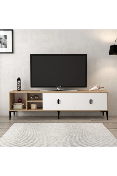 Evmo Home 3804 Era Tv Ünitesi 180 Cm 2 Kapaklı Raflı Sepet - Beyaz - 1