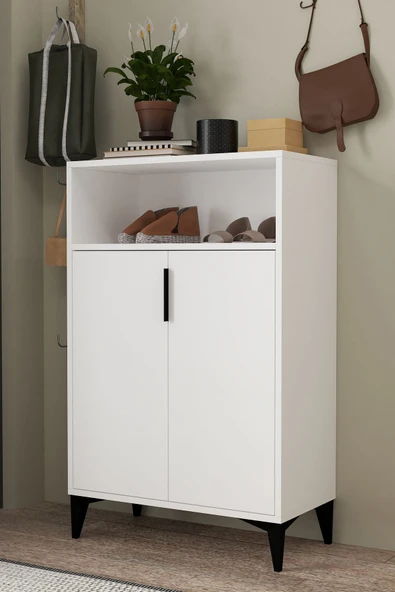 Evmo Home 1201 Ada Ayakkabılık 4 Raflı 2 Kapaklı Çok Amaçlı Dolap Beyaz - 1