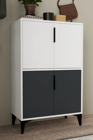 Evmo Home 1402 Ada Ayakkabılık 4 Raflı 4 Kapaklı Çok Amaçlı Dolap Kiler Antrasit Beyaz