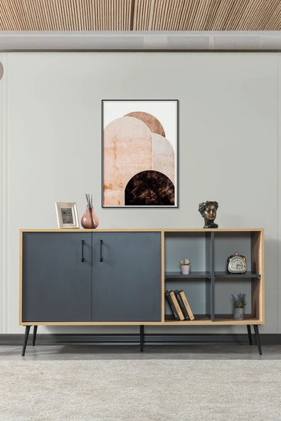 Evmo Home 4609 Şile Metal Ayaklı Metal Kulplu 160 Cm Konsol - Yemek Odası Antrasit - Safir - 3