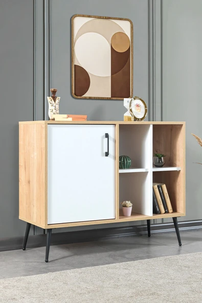 Evmo Home 4111 Şile Metal Ayaklı Metal Kulplu 100 Cm Konsol - Tv Ünitesi - Yemek Odası - Kahve Köşesi Beyaz - 2