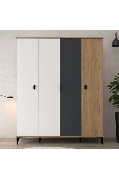Evmo Home 6402 Neva 4 Kapılı 200 Cm Gizli Çekmeceli Gardırop , Elbise Dolabı , Genç Odası Antrasit - Beyaz - 1