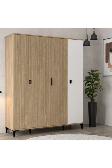 Evmo Home 6404 Neva 4 Kapılı 200 Cm Gizli Çekmeceli Gardırop , Elbise Dolabı , Genç Odası Sepet - Beyaz - 4