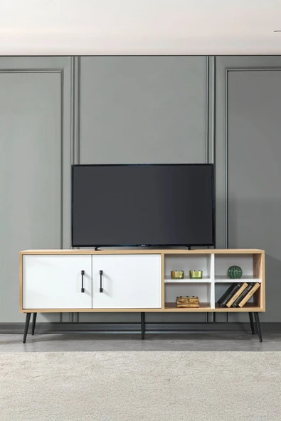 Evmo Home 3611 Şile Metal Ayaklı Metal Kulplu 160 Cm Tv Ünitesi - Beyaz Safir - 3