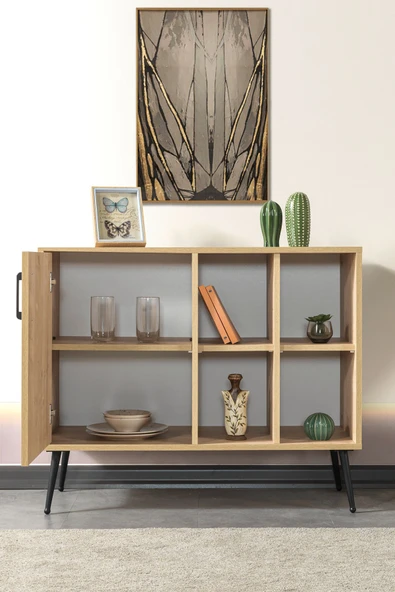 Evmo Home 4108 Şile Metal Ayaklı Metal Kulplu 100 Cm Konsol - Tv Ünitesi - Yemek Odası - Kahve Köşesi Safir - 4