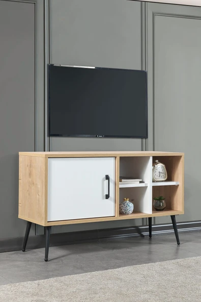 Evmo Home 3111 Şile Metal Ayaklı Metal Kulplu 100 Cm Tv Ünitesi - Beyaz Safir - 2