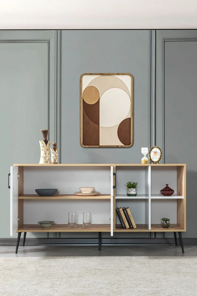 Evmo Home 4611 Şile Metal Ayaklı Metal Kulplu 160 Cm Konsol - Yemek Odası Beyaz - Safir - 4