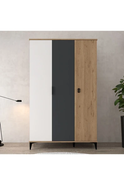 Evmo Home 6302 Neva 3 Kapılı 200 Cm Gizli Çekmeceli Gardırop , Elbise Dolabı , Genç Odası Antrasit Beyaz Sepet - 2