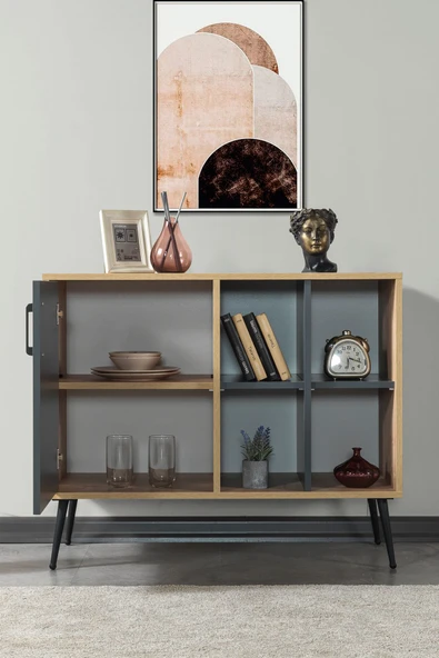 Evmo Home 4109 Şile Metal Ayaklı Metal Kulplu 100 Cm Konsol - Tv Ünitesi - Yemek Odası - Kahve Köşesi Antrasit - 4