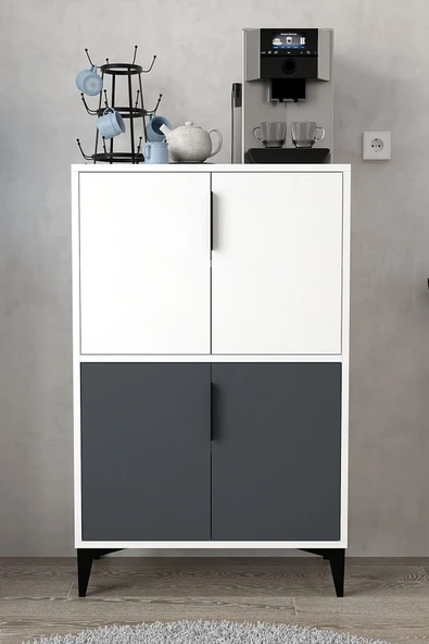 Evmo Home 1402 Ada Çok Amaçlı Dolap , Kahve Köşesi , Kiler Dolabı , Mutfak Standı 4 Kapılı , Antrasit Beyaz - 2