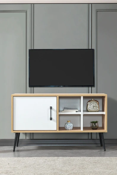 Evmo Home 3111 Şile Metal Ayaklı Metal Kulplu 100 Cm Tv Ünitesi - Beyaz Safir - 3