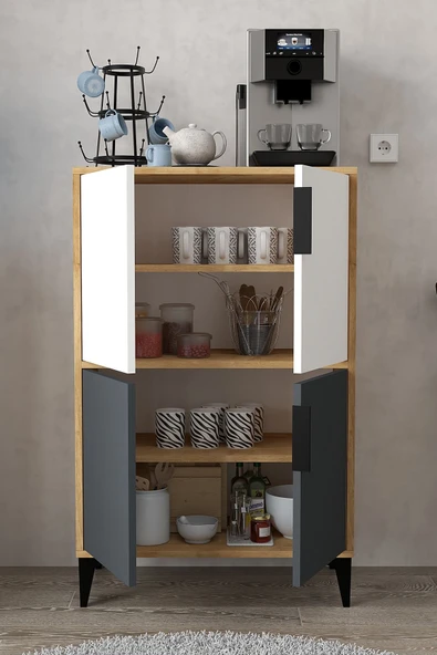 Evmo Home 1404 Ada Çok Amaçlı Dolap , Kahve Köşesi , Kiler Dolabı , Mutfak Standı , 4 Kapılı Bölmeli - 3