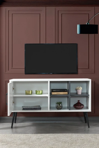 Evmo Home 3112 Şile Metal Ayaklı Metal Kulplu Tv Ünitesi 100 Cm - Beyaz - 4