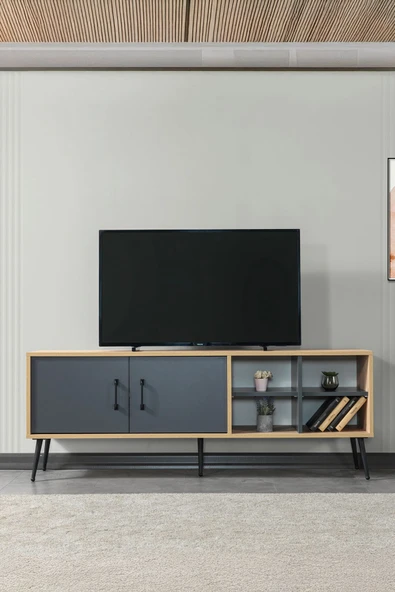 Evmo Home 3609 Şile Metal Ayaklı Metal Kulplu 160 Cm TV Ünitesi Antrasit - Safir - 3