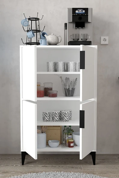 Evmo Home 1401 Ada Çok Amaçlı Dolap , Kahve Köşesi , Kiler Dolabı , Mutfak Standı 4 Kapılı , Bölmeli , Beyaz - 3