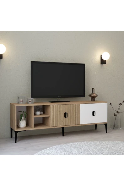 Evmo Home 3506 Era TV Ünitesi 150 Cm Kapaklı Raflı Sepet - Yunus - Beyaz - 3