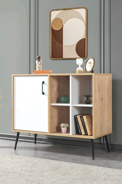 Evmo Home 4111 Şile Metal Ayaklı Metal Kulplu 100 Cm Konsol - Tv Ünitesi - Yemek Odası - Kahve Köşesi Beyaz - 1