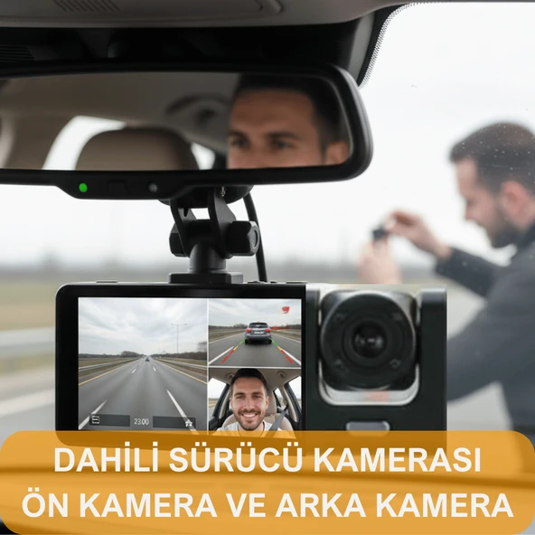 Araç İçi Kamera Trafik Kamerası Mikrofonlu Yol Takip 3 Kamera Sürücü Yol Ekranlı Kamera Kayıt Cihazı - 3