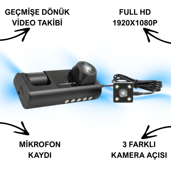 Araç İçi Kamera Trafik Kamerası Mikrofonlu Yol Takip 3 Kamera Sürücü Yol Ekranlı Kamera Kayıt Cihazı - 4