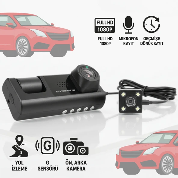 Araç İçi Kamera Trafik Kamerası Mikrofonlu Yol Takip 3 Kamera Sürücü Yol Ekranlı Kamera Kayıt Cihazı