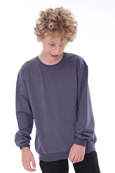 Oversize Unisex Basic Düz Siyah Renk %100 Pamuk Sweatshirt (2-11 Yaş) - 1