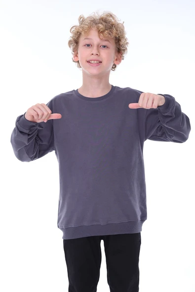 Oversize Unisex Basic Düz Siyah Renk %100 Pamuk Sweatshirt (2-11 Yaş) - 2