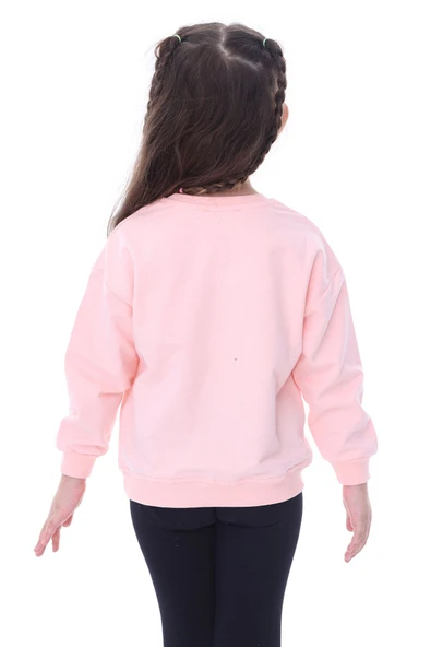 Basic Düz Renk Pembe Fırçalı Yumuşak %100 Pamuk Sweatshirt - Resim 2