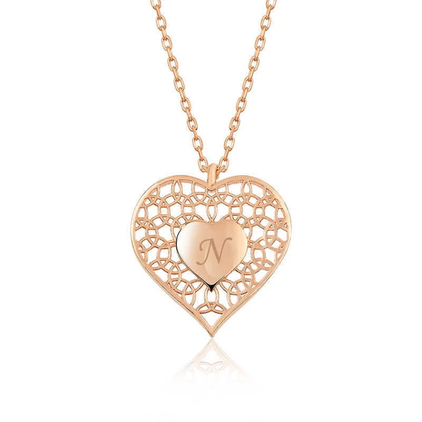 ​Gümüş Rose Kişiye Özel Kalbin İçinde Kalp Bayan Kolye ürün görseli 1