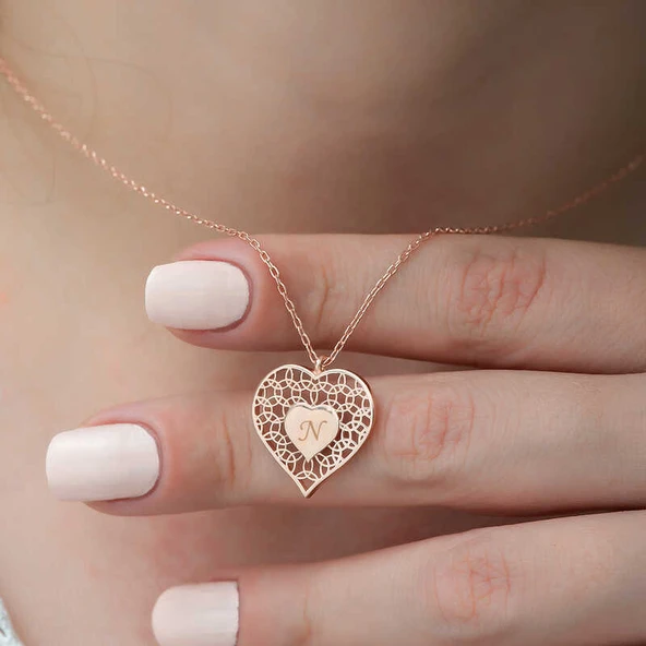 ​Gümüş Rose Kişiye Özel Kalbin İçinde Kalp Bayan Kolye - Resim 3