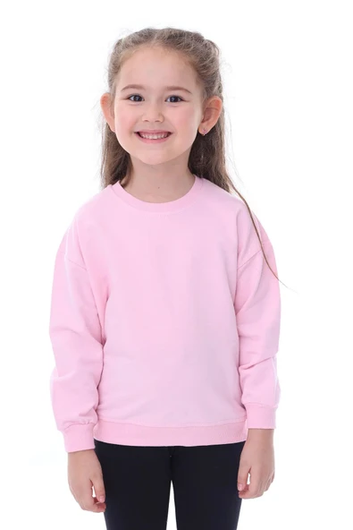 Basic Düz Renk Pembe Fırçalı Yumuşak %100 Pamuk Sweatshirt - 1