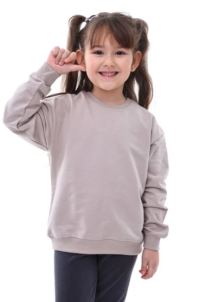 Basic Düz Renk Vizon Fırçalı Yumuşak Pamuk Sweatshirt ürün görseli