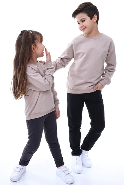 Basic Düz Renk Vizon Fırçalı Yumuşak Pamuk Sweatshirt - Resim 4