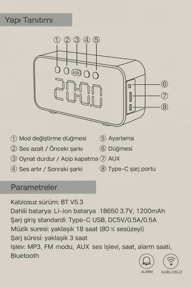 Çok Fonksiyonlu Akıllı Ayna Saat F41 Bluetooth 5.3 Hoparlör FM Radyo Alarm - 6