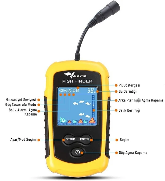 Valkyrie LCD Renkli Ekran Taşınabilir Kablolu Balık Bulucu 100 M nlik Aralığı Sonar Yankı Iskandil Balık Bulucu - 4