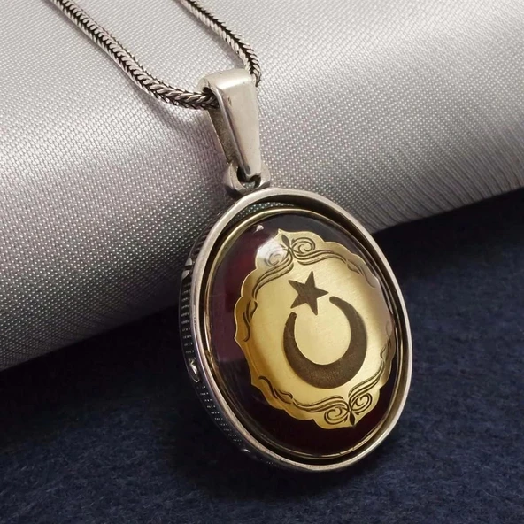 Çift Taraflı Ayyıldız Ve Tuğra Figürlü Gümüş Kehribar Kolye ürün görseli 1