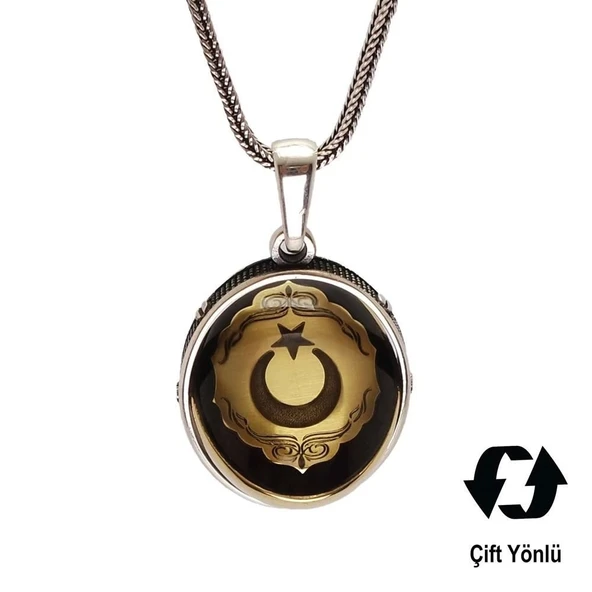 Çift Taraflı Ayyıldız Ve Tuğra Figürlü Gümüş Kehribar Kolye - Resim 2