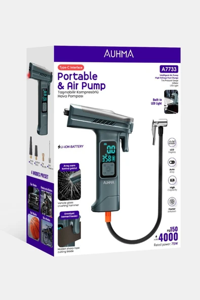 Auhma A7733 Taşınabilir Kompresörlü Hava Pompası 4000mAh|150 PSI | Dijital LCD Ekranlı - 3