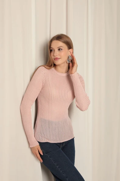 Triko Kumaş Baharlık Bisiklet Yaka Kadın Pudra Bluz ürün görseli