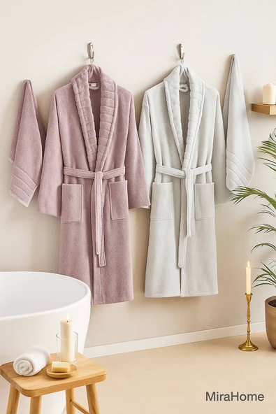 4 Parça Soft Elegance Banyo Aile Bornoz Seti %100 Pamuklu