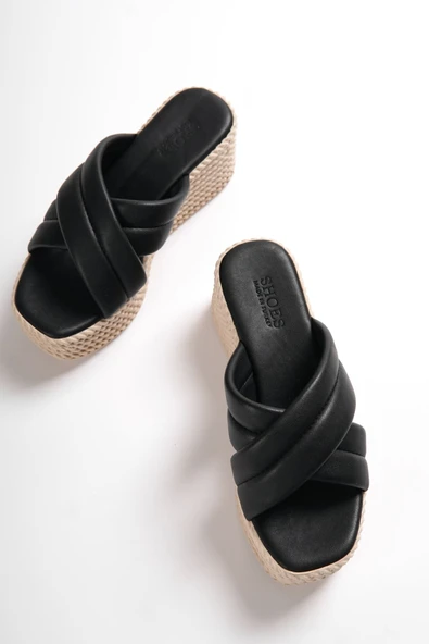 JET-MIX Dolgu Topuklu Ortopedik Taban Hasır Görünümlü Kadın Terlik CKT - Siyah - Resim 5