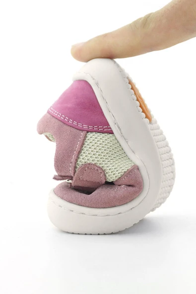 Rakerplus Bob Hakiki Deri Pudra Pembe Barefoot Cırtlı Lastikli Bebek Sneaker Ayakkabı - 9