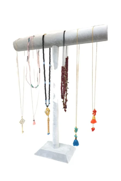 Uzun Süet Gri Tesbih - Kolye Sergileme Standı