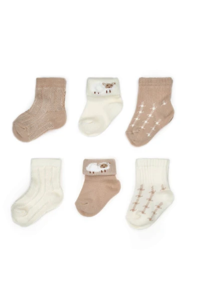 Bebek 6'lı Kuzu Detaylı Çorap %100 Organik Pamuk, Bebek - Yenidoğan - CSYC1005 - 2
