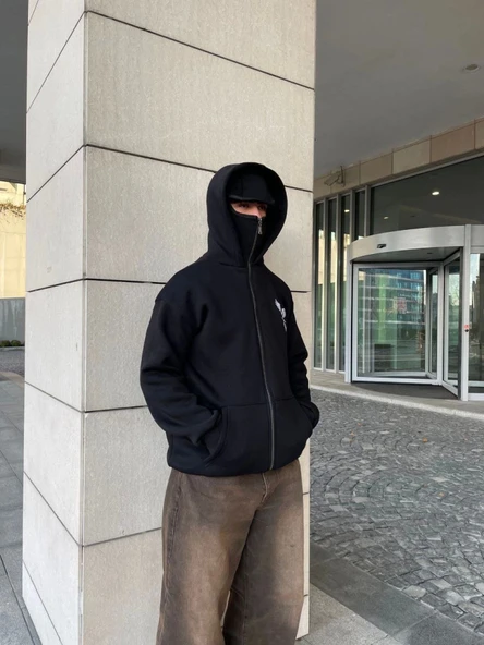 Samuray Kapşonlu ZIP Fermuarlı Kapşonlu SweatShirt - Siyah - 1