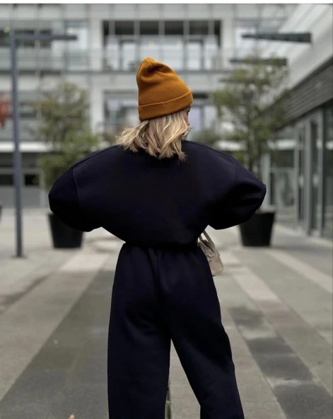 Bisiklet Yaka Üç İplik Sweat Takım - Siyah - Resim 3